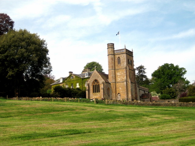 Coker Court and St Michael's Church tower seen together in East Coker