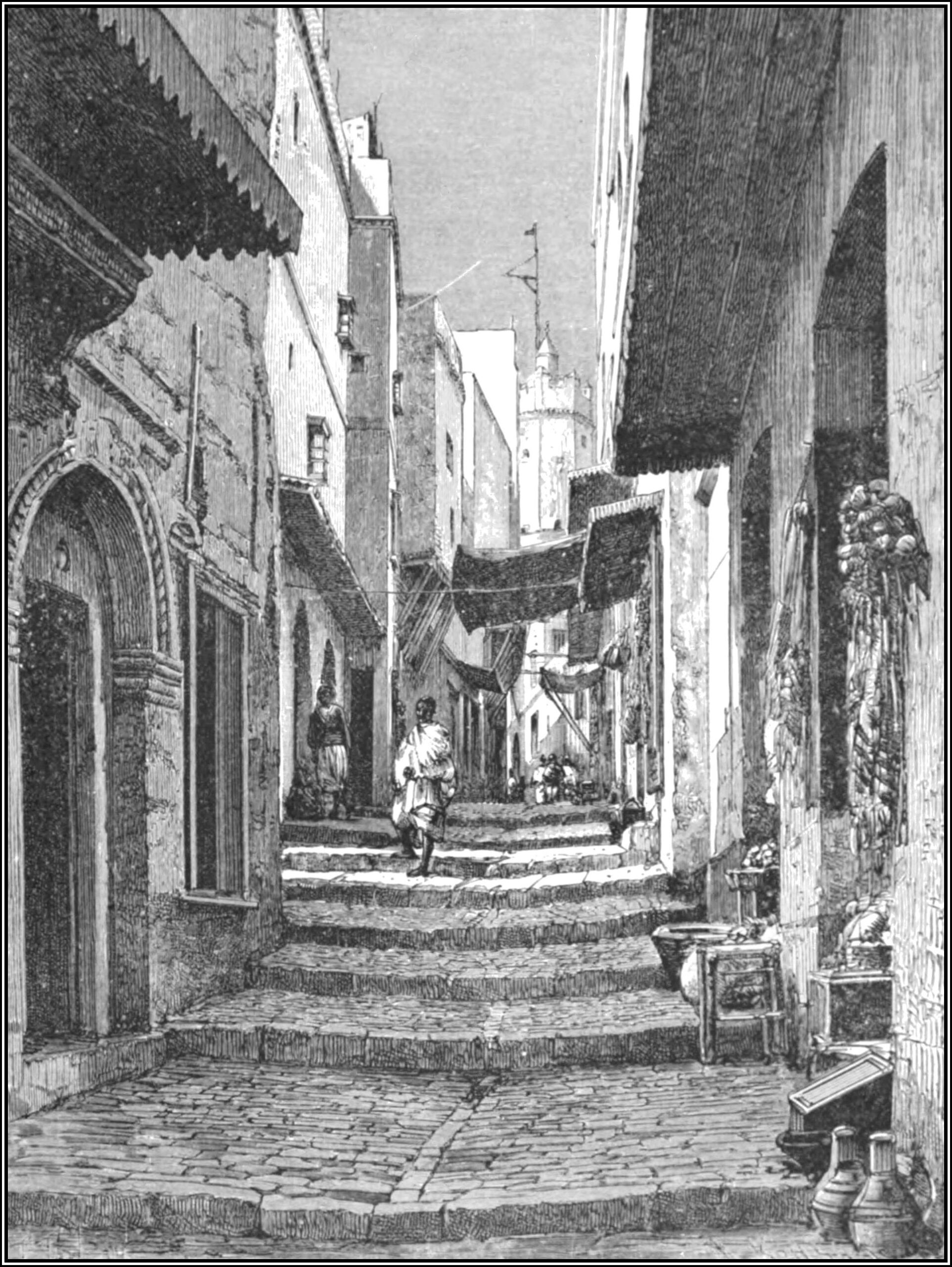 A late 19th-century engraving of a street in the old town of Algiers