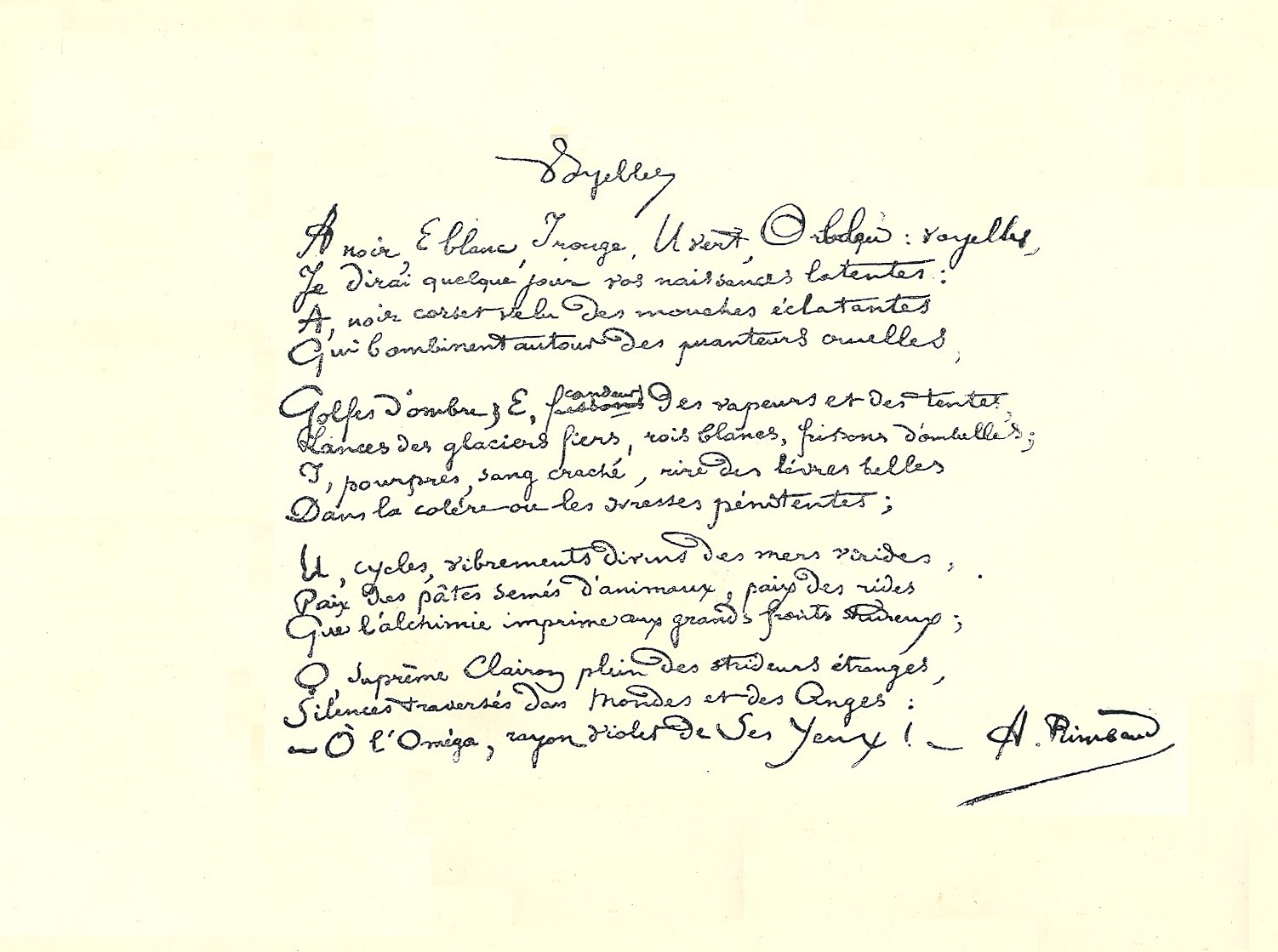 Manuscript page of Voyelles in Arthur Rimbaud's own handwriting, signed A. Rimbaud