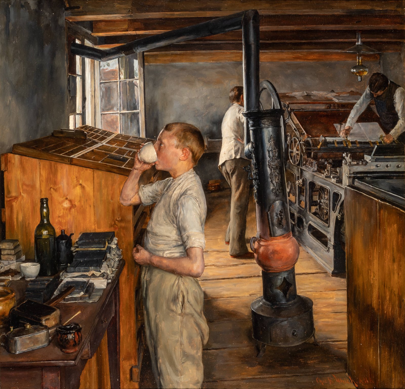 An 1884 painting of a village printing shop with typesetters and a press