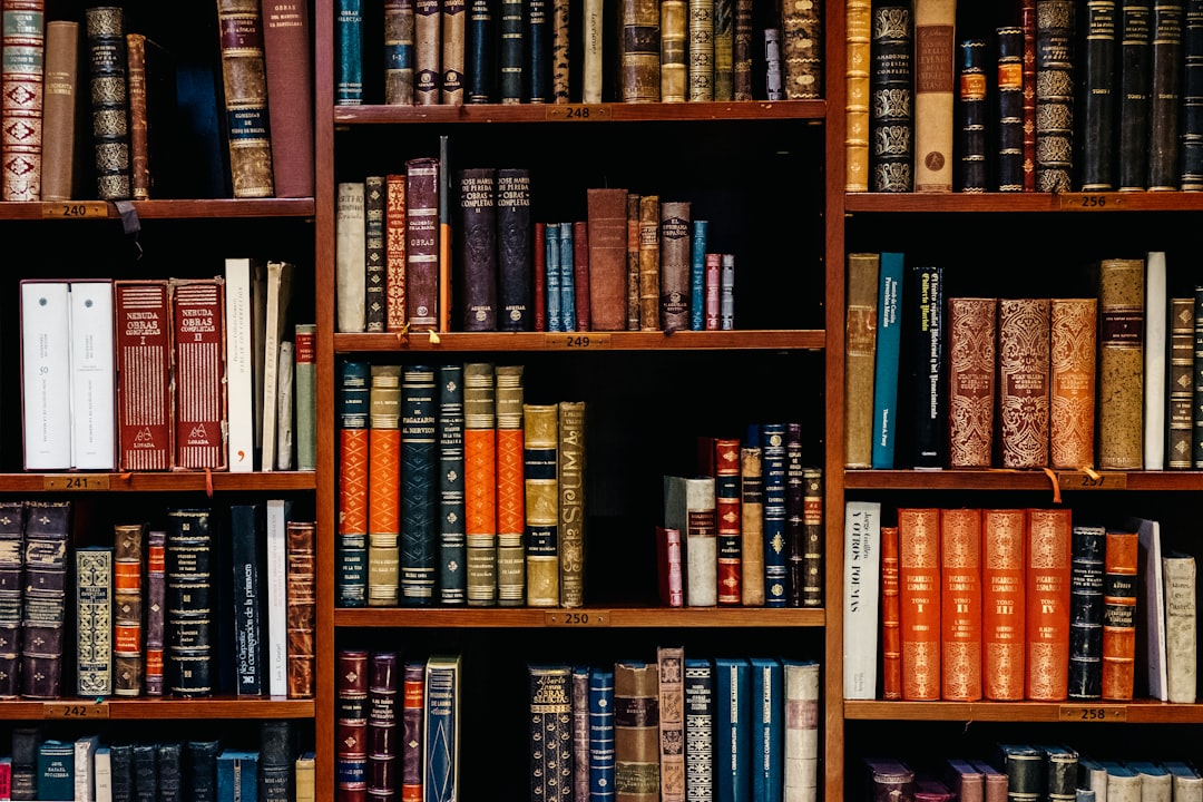 Rows of vintage books on library shelves